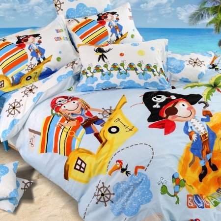 Light Blue Yellow and Orange Pirate Story Marine Life Island Print Unique 100% Cotton Damask Kids Twin, Full, Queen Size Bedding Sets