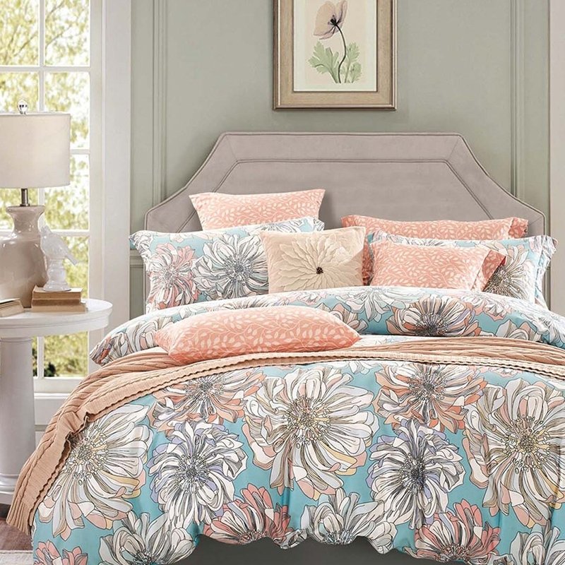 Peach Grey and Sky Blue Vintage Floral Bedding French Country Rustic
