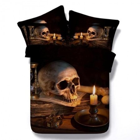 Brown and Black Vintage Skull Print Shabby Chic 3D Design Modal Fiber Full, Queen Size Bedding Sets for Adult