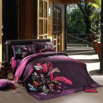 Eggplant Purple Black and Pink Flower Print Abstract Design Elegant Luxury Reversible 100% Cotton Damask Full, Queen Size Bedding Sets