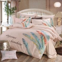 Pale Pink Peacock Blue and Orange Feather Pattern Monogrammed Hipster Style Personalized 100% Cotton Full, Queen Size Bedding Sets