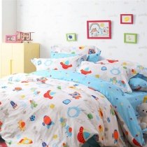 Kids Red White Navy Yellow and Sky Blue UFO and Rocket Print Cartoon Themed Funky Style 100% Cotton Twin, Full, Queen Size Bedding Sets