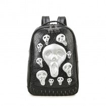Black Leather Embossed Metallic Silver Skull Men Large Travel Backpack Punk Rock and Roll Style Spike Rivet Studded School Book Bag
