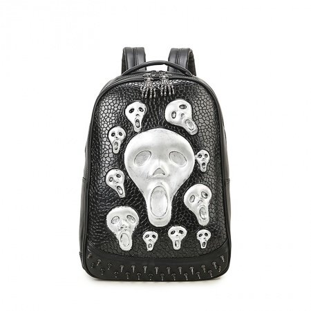 Black Leather Embossed Metallic Silver Skull Men Large Travel Backpack Punk Rock and Roll Style Spike Rivet Studded School Book Bag