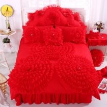 Luxury Scarlet Red Ruched Rosette Pattern Lace and Ruffled Design Feminine Feel 100% Cotton Twin, Full, Queen Size Bedding Sets for Girls