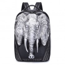 Black Leather Embossed Metallic Silver Elephant Cool Men Large Travel Backpack Punk Rock and Roll Style Rivet Studded School Book Bag