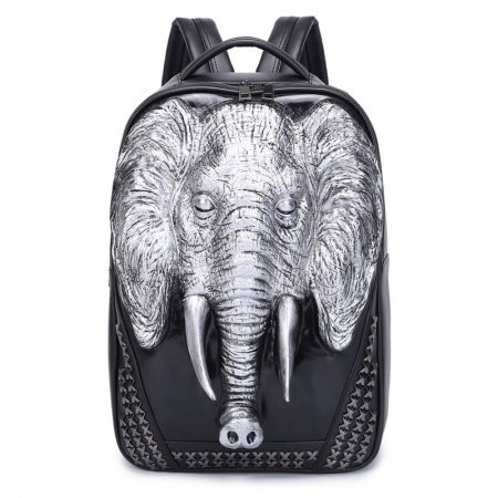 Black Leather Embossed Metallic Silver Elephant Cool Men Large Travel Backpack Punk Rock and Roll Style Rivet Studded School Book Bag