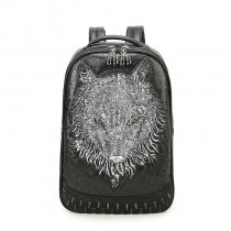 Black Leather Embossed Metallic Silver Wolf Boys School Campus Book Bag Punk Rock and Roll Spikes Rivet Studded Large Travel Backpack