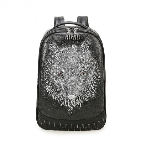 Black Leather Embossed Metallic Silver Wolf Boys School Campus Book Bag Punk Rock and Roll Spikes Rivet Studded Large Travel Backpack