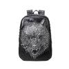Vintage Black Leather Embossed Metallic Silver Wolf Head Travel Backpack Punk Rock and Roll Style Rivet Studded Boys School Book Bag