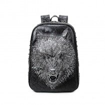 Vintage Black Leather Embossed Metallic Silver Wolf Head Travel Backpack Punk Rock and Roll Style Rivet Studded Boys School Book Bag