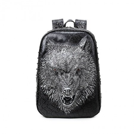 Vintage Black Leather Embossed Metallic Silver Wolf Head Travel Backpack Punk Rock and Roll Style Rivet Studded Boys School Book Bag