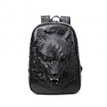 Personalized Black Faux Leather Embossed Wolf Head Men Travel Backpack Vintage Rock and Roll Style Rivet Studded School Campus Book Bag