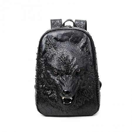 Personalized Black Faux Leather Embossed Wolf Head Men Travel Backpack Vintage Rock and Roll Style Rivet Studded School Campus Book Bag