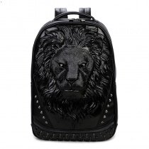 Vintage Personalized Black Leather Engraved Lion Head Men Large Travel Backpack Punk Rock and Roll Spike Rivet Studded School Book Bag