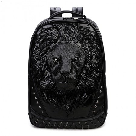 Vintage Personalized Black Leather Engraved Lion Head Men Large Travel Backpack Punk Rock and Roll Spike Rivet Studded School Book Bag