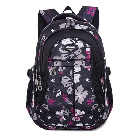 Lightweight Black White and Rose Red Polyester School Campus Book Bag Boutique Flower Print Waterproof Elegant Women Travel Backpack