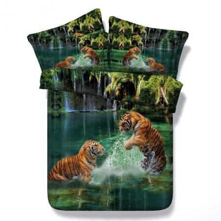 Green and Brown Tiger Print Jungle Safari Wild Animal Themed 3D Design Twin, Full, Queen, King Size Bedding Sets