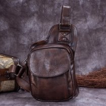 Chocolate Brown Distressed Waxed Genuine Cowhide Leather Men Crossbody Shoulder Chest Bag Vintage Casual Travel Flap Sling Backpack