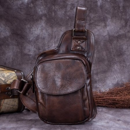 Chocolate Brown Distressed Waxed Genuine Cowhide Leather Men Crossbody Shoulder Chest Bag Vintage Casual Travel Flap Sling Backpack