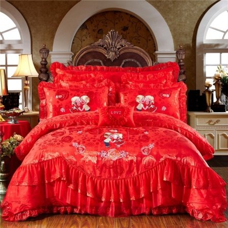 Romantic Red Embroidered Rose Vintage Shabby Chic Victorian Lace Ruffle Luxury Jacquard Satin Full, Queen Size Bedding Sets