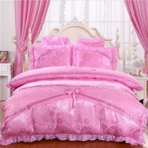 Vintage Shabby Chic Sparkle Pink Rose Victorian Lace Drop Ruffle Luxury Jacquard Satin Full, Queen Size Bedding Sets