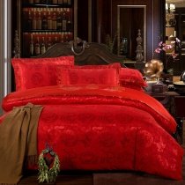 Noble Excellence Dark Red Dragon and Phoenix Pattern Chinese Wedding Themed Jacquard Satin Full, Queen Size Bedding Sets