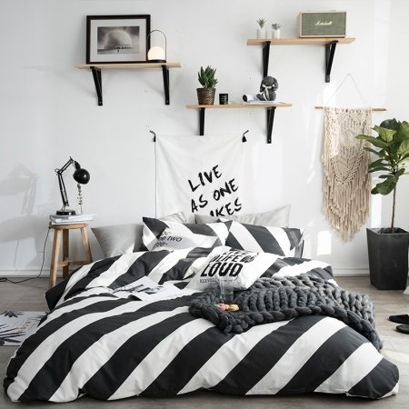 Hipster Black and White Diagonal Stripe Print Abstract Personalized Unique Simply Chic Twin, Full, Queen Size Bedding Sets