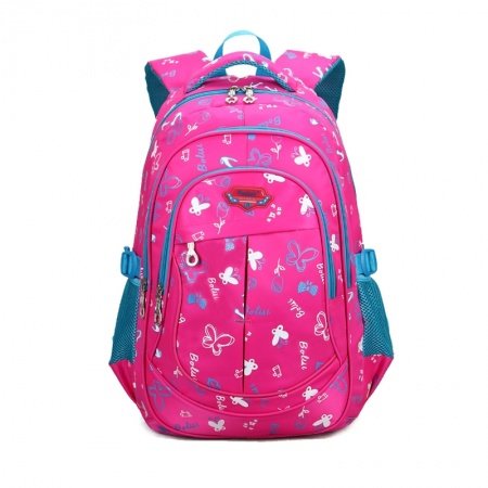 Teal White and Hot Pink Polyester Girls Pupil School Book Bag Butterfly Anchor Monogrammed Leaf Print Campus Backpack