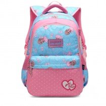 Aqua Blue and Coral Pink Polyester Girls Pupil School Book Bag Polka Dot Bow Heart Print Preppy Campus Backpack