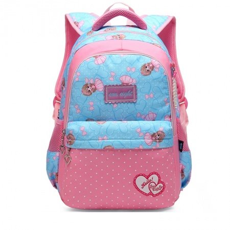 Aqua Blue and Coral Pink Polyester Girls Pupil School Book Bag Polka Dot Bow Heart Print Preppy Campus Backpack
