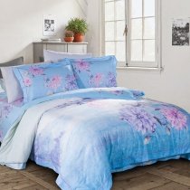 Pastel Peacock Blue White Pink and Purple Watercolor Garden Floral Print Ombre Feminine Full, Queen Size Bedding Sets