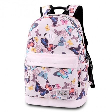 Pastel Pale Pink Canvas and Colorful Animal Butterfly Print Book Bag Elegant Girls Large Preppy High School Backpack