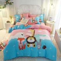 Sky Blue and Pink Fox Lion Rabbit Crocodile Giraffe Flamingo Print Funky Animal Themed Full, Queen Size Bedding Sets