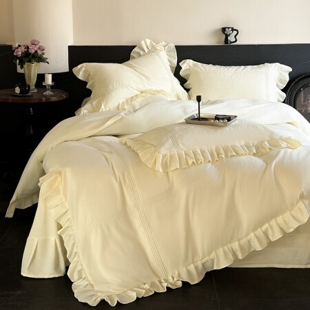 Solid Beige Ruffle Trendy Full, Queen Size Bedding Sets