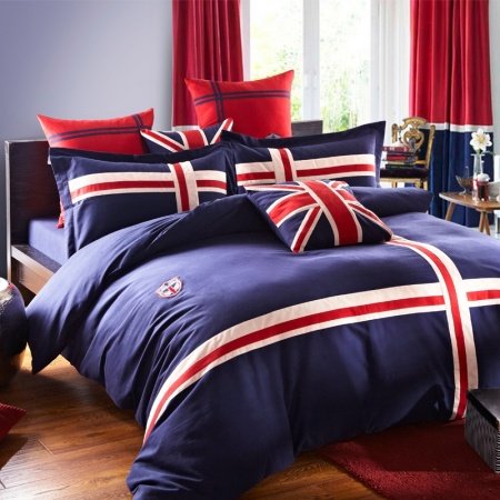 Navy Blue White and Red The British Flag Print 100% Cotton Satin Full, Queen Size Bedding Sets
