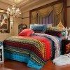 Aqua Blue and Garnet Red Vintage BOHO Style Exotic Indian Pattern Multi-color Stripe Print Full, Queen Size Bedding Sets