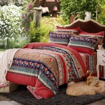 Venetian Red Navy Blue and Brown Vintage Tribal Flower Baroque Style Southwestern 100% Brushed Cotton Full, Queen Size Bedding Sets