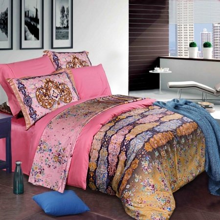 Pink Orange and Brown Vintage Tribal Print Stripe Classic Luxury Exotic Indian Pattern 100% Cotton Damask Full, Queen Size Bedding Sets
