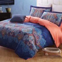 Cobalt Blue Coral and Brown Indian Pattern Moroccan Themed Western Style Exotic Bohemian Chic 100% Cotton Full, Queen Size Bedding Sets