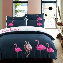 Pink White and Dark Blue Girls Flamingo Pattern Vintage Simply Shabby Chic Unique 100% Organic Cotton Full, Queen Size Bedding Sets