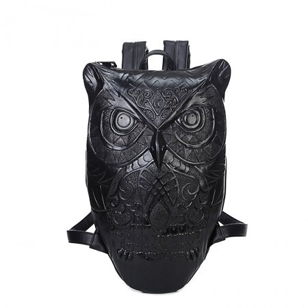 Black Embossed PU Leather Retro Hip-hop Style Owl-shaped Junior School Book Bag Personalized 3D Animal Casual Travel Backpack