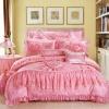 Pink Love Heart and Rose Pattern Victorian Lace Gathered Ruffle Princess Style Cute Girly Themed Modern Chic Full, Queen Size Bedding Sets
