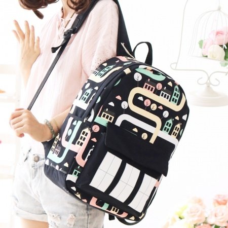 Black Canvas Colorful Hip-hop House Print Girls Preppy School Book Bag Personalized Casual Travel Backpack Durable 14 Inch Laptop Bag