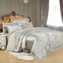 Silver and Gray Vintage Bohemian Style Sparkle Abstract Design Old Fashion Jacquard Satin Full, Queen Size Bedding Sets