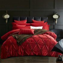 Dark Red Plain Color Pintuck Design Modern Chic Cute Girly Noble Excellence Luxury Satin Fabric Full, Queen Size Bedding Sets for Adult