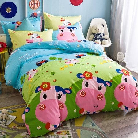 Pigment Green Sky Blue Pink and Lime Farm Animal Cute Cow Print Funky Style Reversible 100% Cotton Twin Size Bedding Sets