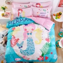 Elegant Girls Pink White Light Blue and Coral Red Mermaid Print Princess Themed Pastel Style 100% Cotton Twin, Full Size Bedding Sets