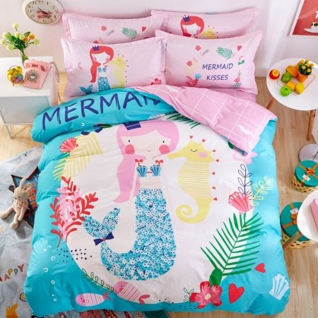 Elegant Girls Pink White Light Blue and Coral Red Mermaid Print Princess Themed Pastel Style 100% Cotton Twin, Full Size Bedding Sets