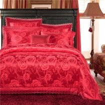 Solid Vermilion Red Victorian Rose Sparkle Pattern Sexy Lace Design Romantic Upscale Jacquard Satin Fabric Full, Queen Size Bedding Sets